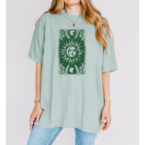 Celestial Moon Face Graphic Tee Mystical Engraving Art